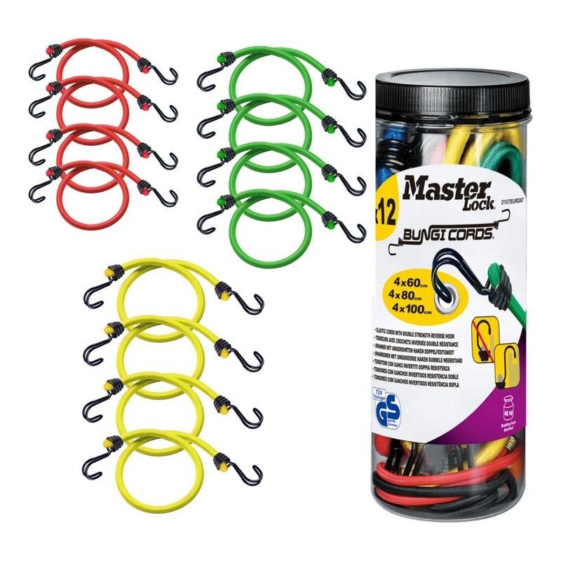 Słoik z uchwytem wypełniony 12 linkami bungee Twin Wire (460 + 480 + 4*100) – podwójny odwrócony hak