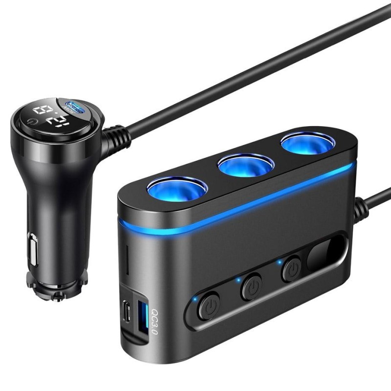 Samochodowy rozdzielacz 3 x gniazdo zapalniczki + 2 x USB Typ-C + USB - eXtremestyle® - LS09