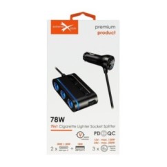 Samochodowy rozdzielacz 3 x gniazdo zapalniczki + 2 x USB Typ-C + USB - eXtremestyle® - LS09